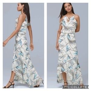 WHBM Dress Maxi White Bamboo Print Hi Low Blouson 4P Cocktail Party Chic Trendy